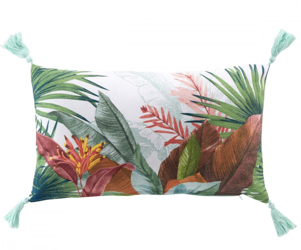 Coussin dehous. compr. pompons 30 x 50 cm coton imprime eden des. place