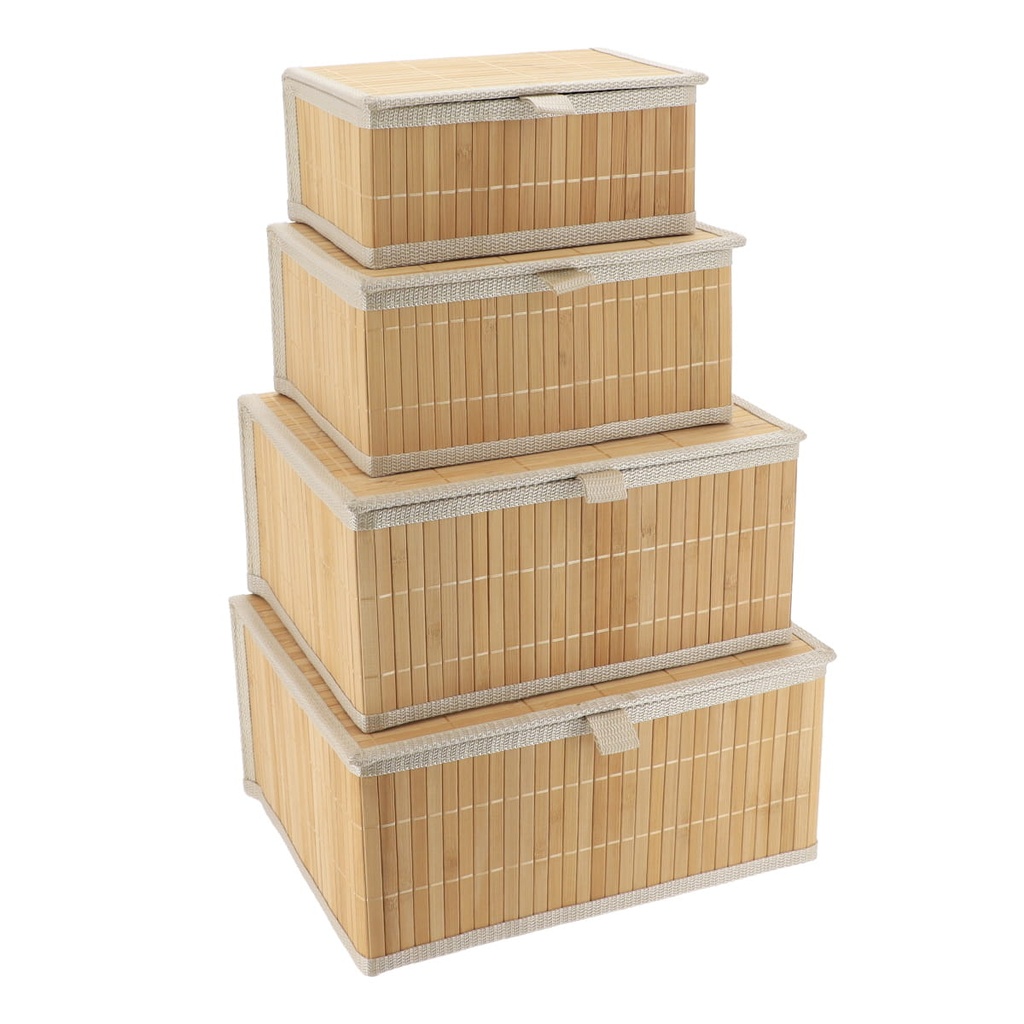 Set de 4 paniers de rangement rectangulaires bambou avec couvercle - bambou