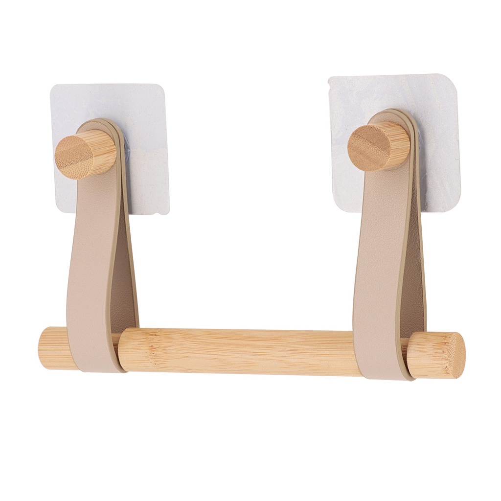 Derouleur papier wc bambou + lanieres simili cuir sur sticker - beige/bambou