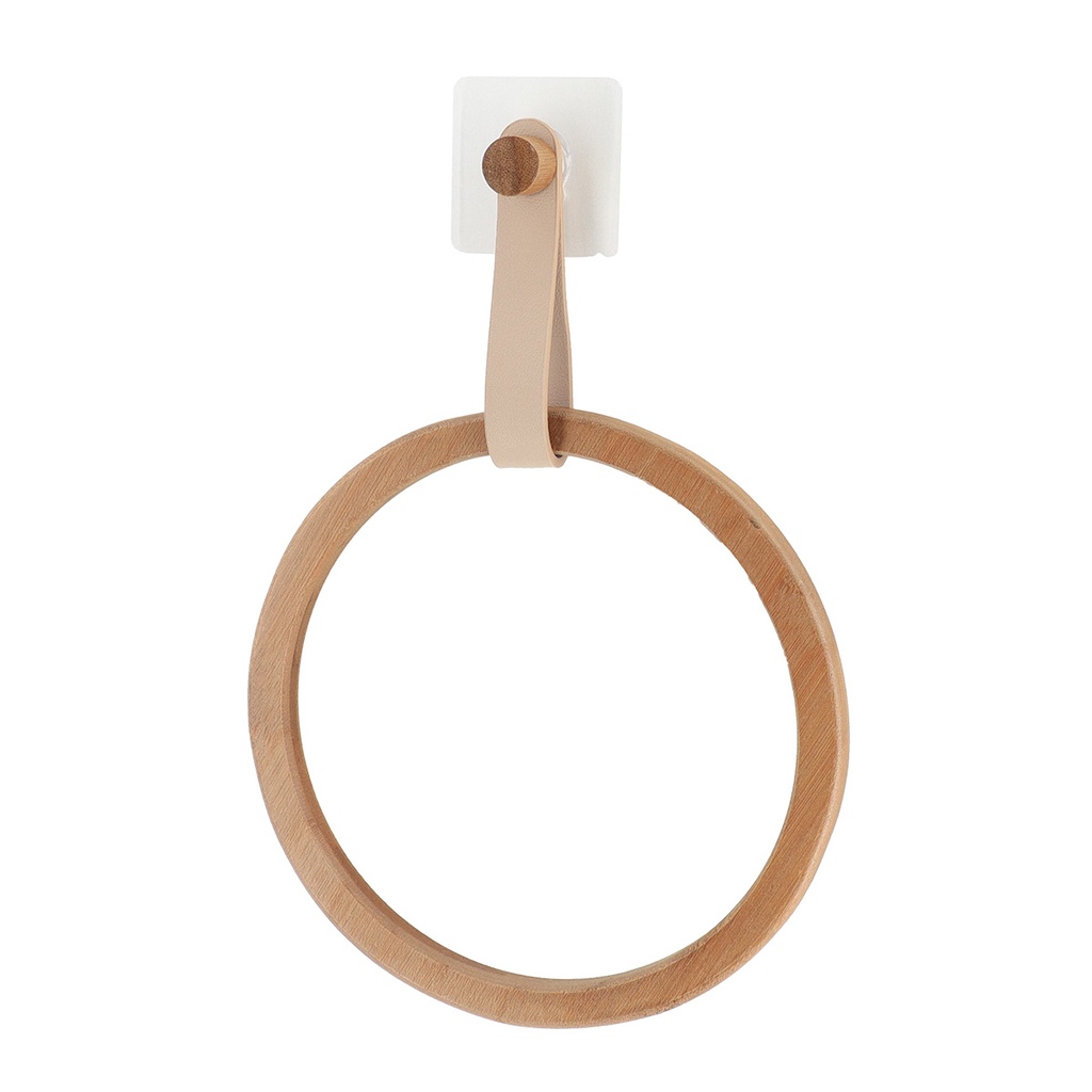 Porte serviettes arrondi bambou + laniere simili cuir sur sticker - beige/bambou