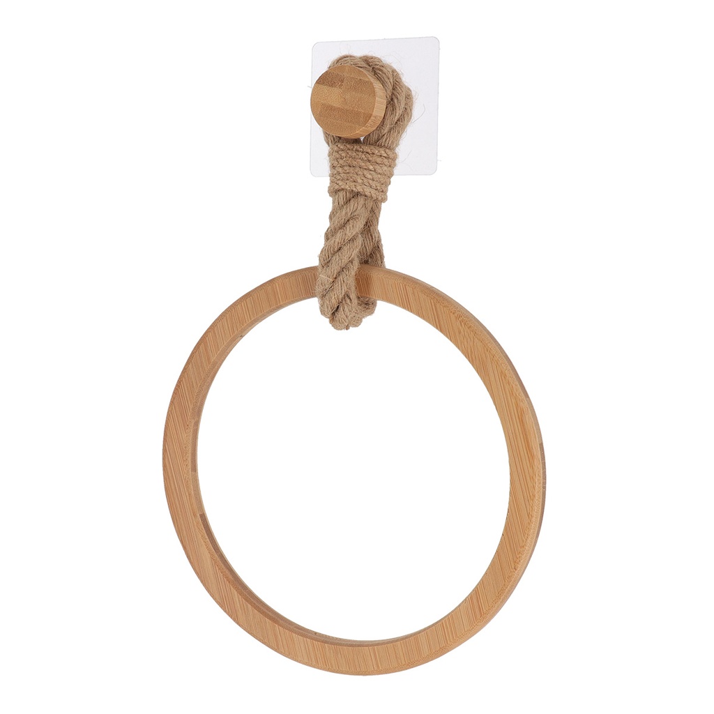 Porte serviettes arrondi bambou + laniere corde sur sticker - naturel