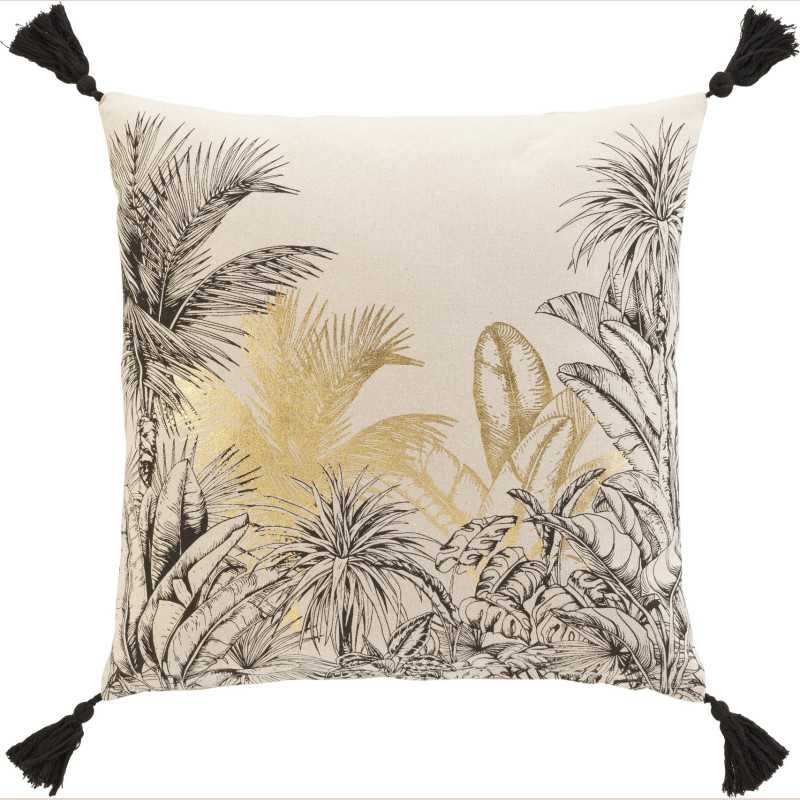 Coussin dehous. compr. pompons 45x45 cm coton/polyester imp. metal. papaya des p