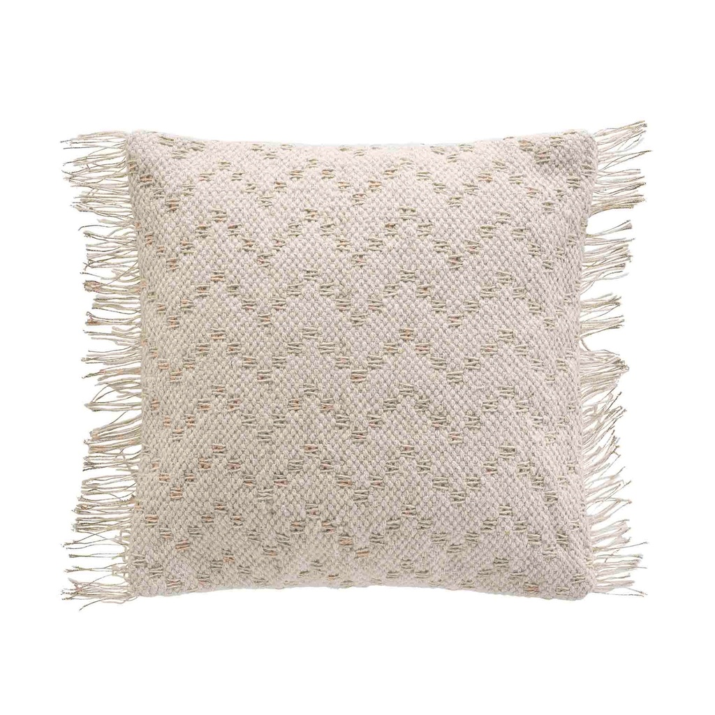 Housse coussin franges +encart 40 x 40 cm coton/polyester+fils metal. ikat