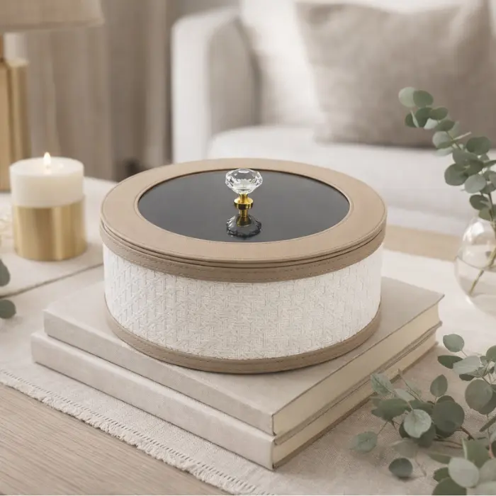 Boite ronde cannage avec couvercle acrylique 26*26*12 cm