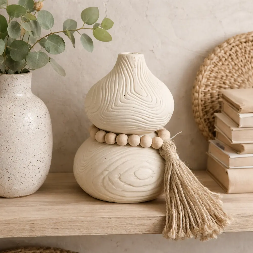 Vase Diabolo perles et pompoms 20 cm