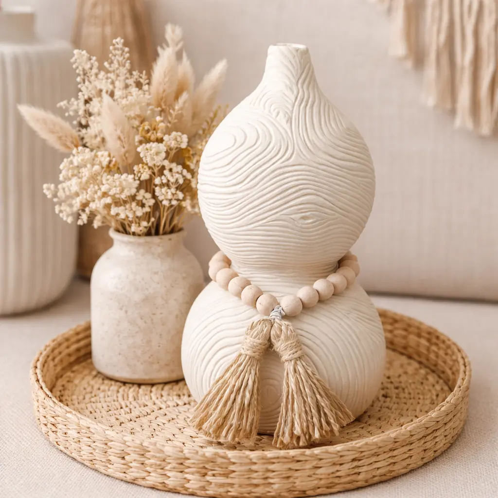 Vase diabolo perles et pompoms 28 cm