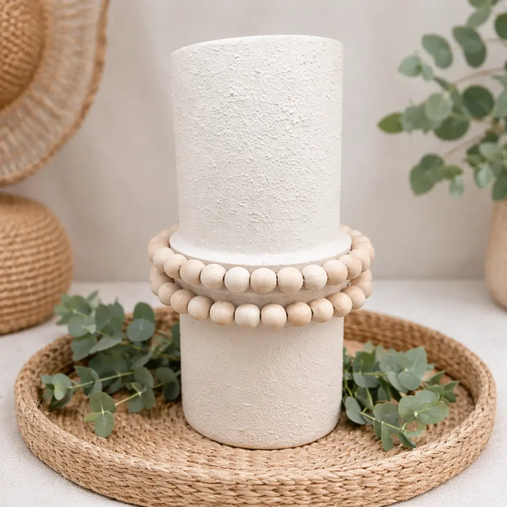 Vase cylindrique et perles en bois