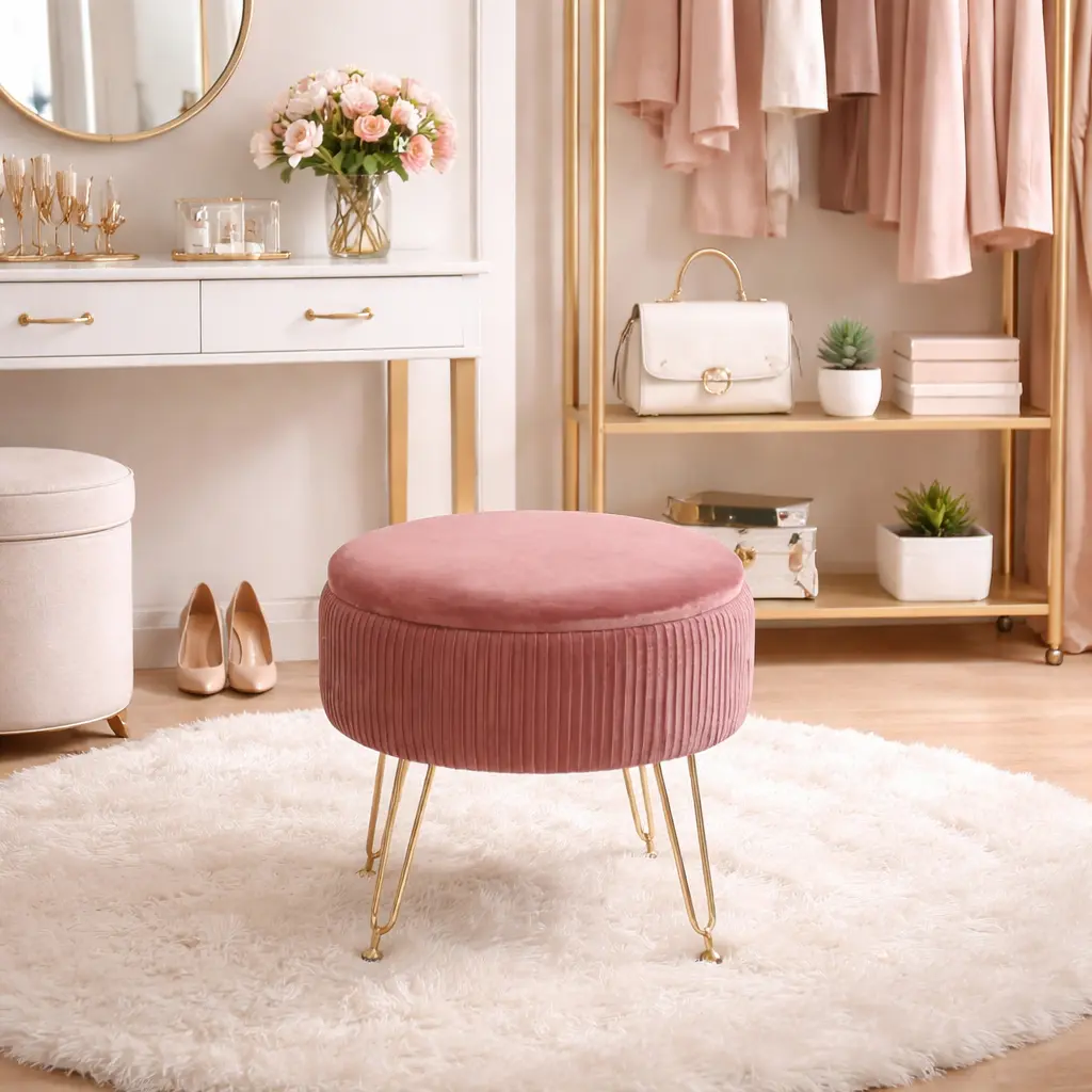 Grand pouf et coffre rose ancien "Jaden"