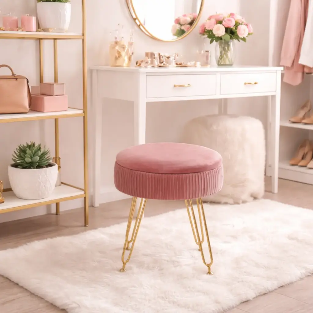 Petit pouf et coffre rose ancien "Jaden"