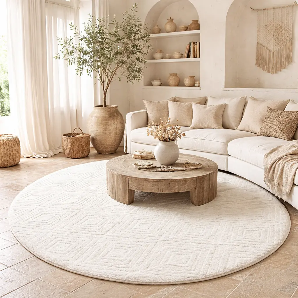 Tapis 160cm rond - "MELILA" Blanc cassé