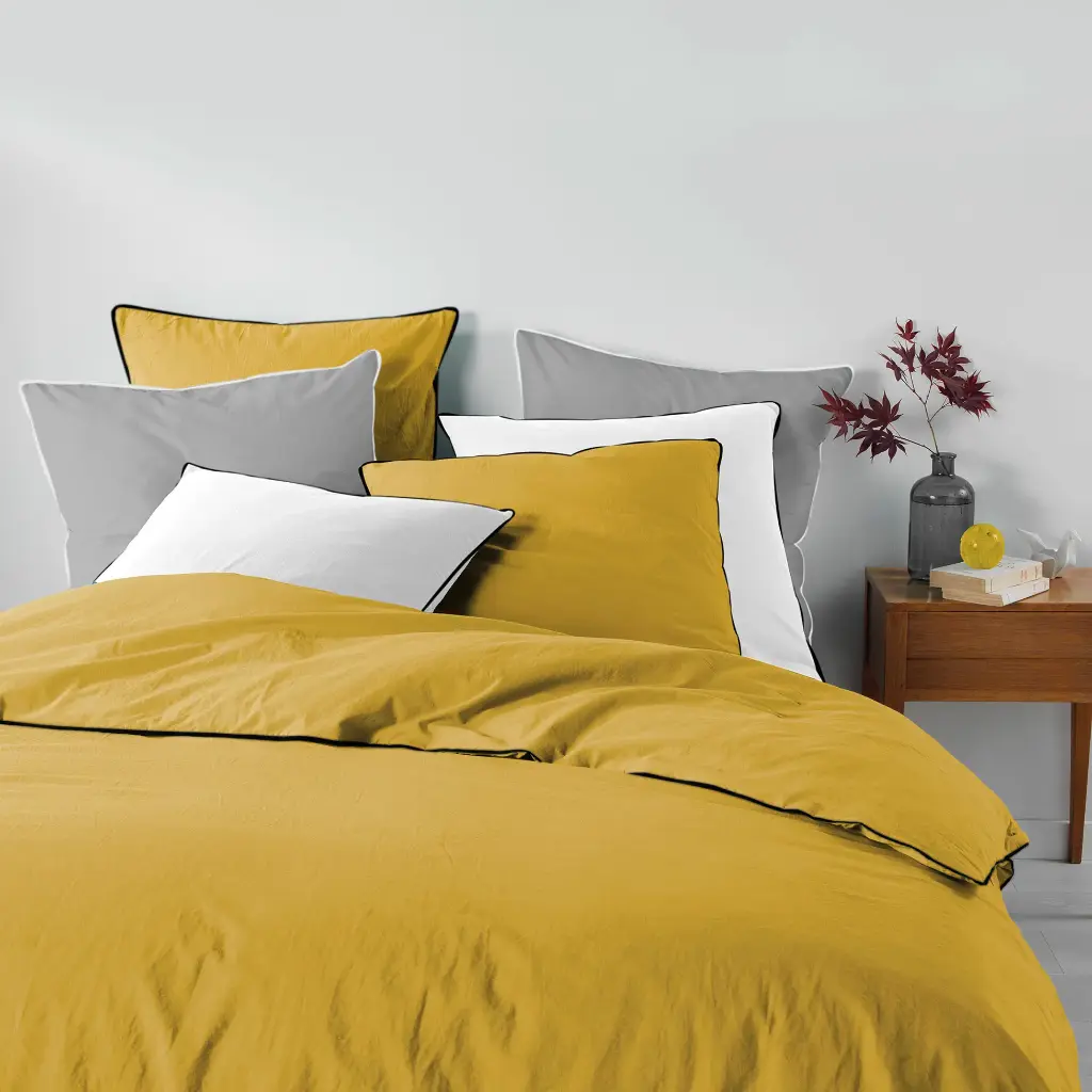 Parure de couette 3 pièces blanc Coton lavé uni 57 fils (240 x 220 cm) Linette 
