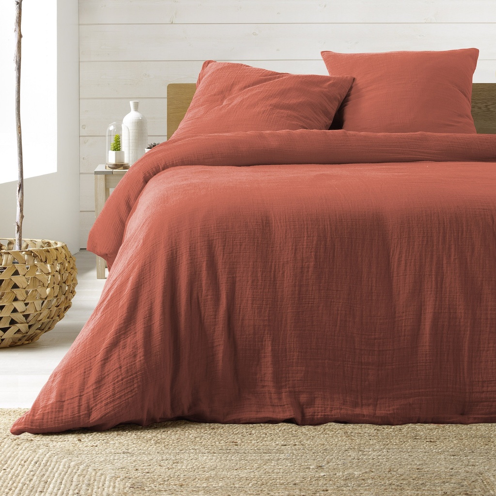 Parure de couette 3 pièces Double gaze de coton uni 57 fils (240 x 220 cm) Angelia terracotta