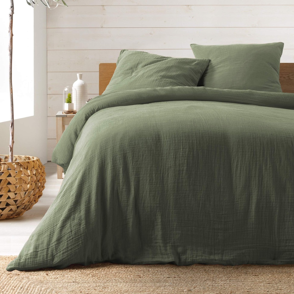 Parure de couette 3 pièces Double gaze de coton uni 57 fils (240 x 220 cm) Angelia kaki