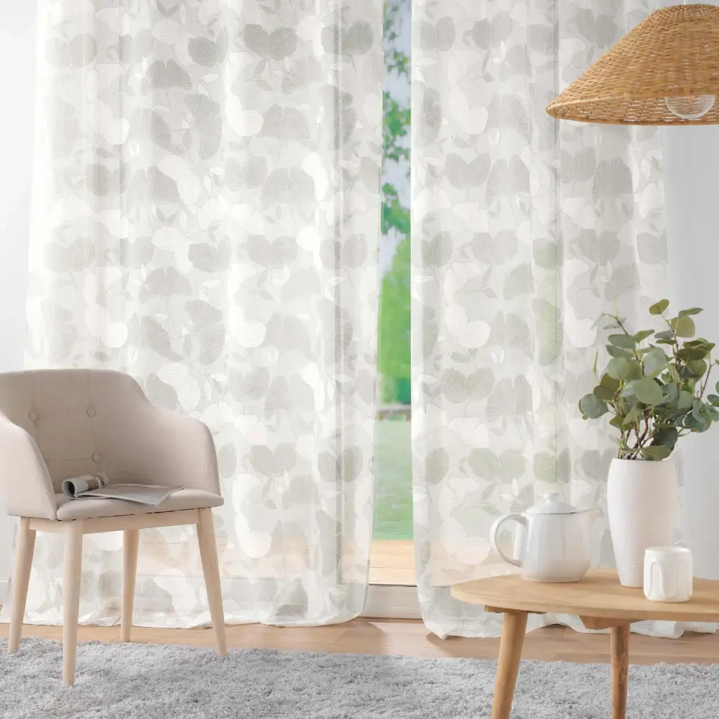 Panneau a oeillets 140 x 240 cm effet lin tisse imprime ginko blanc