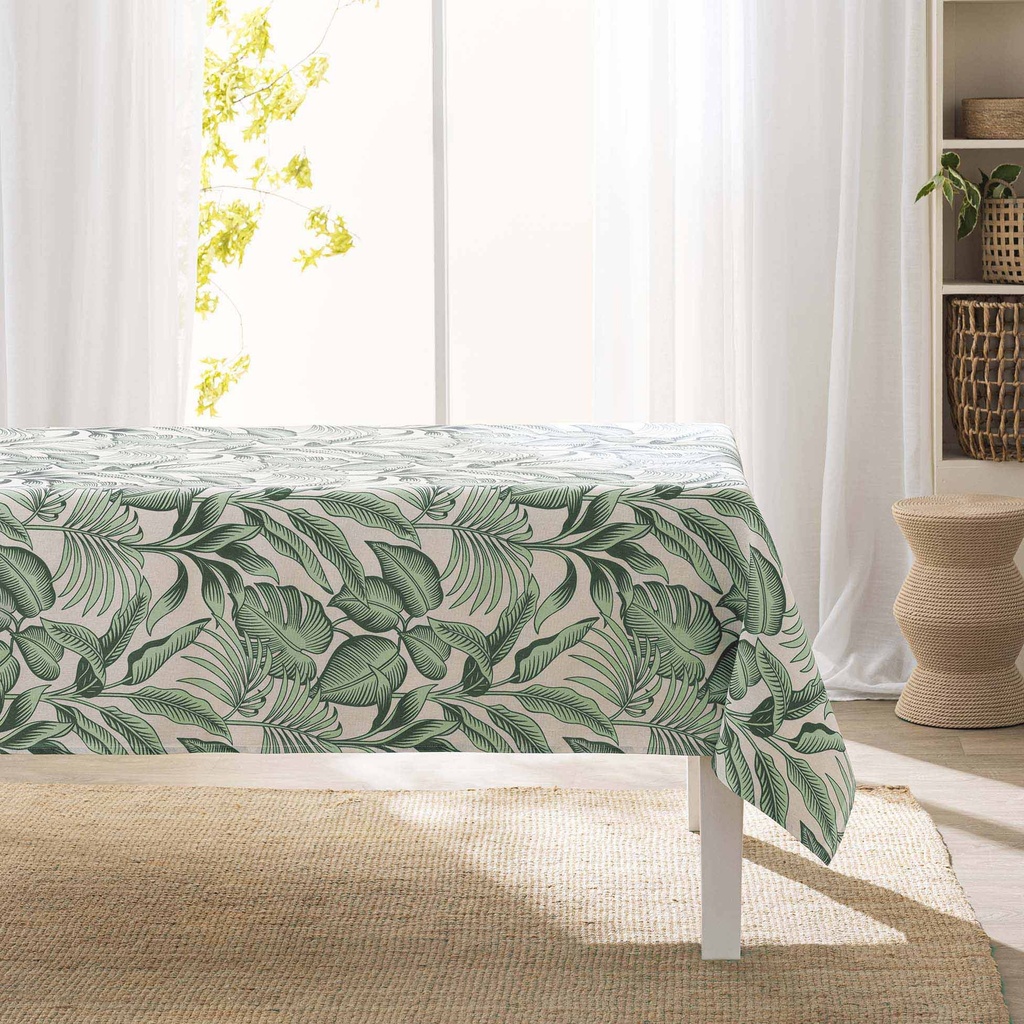 Nappe rectangle 140 x 240 cm polycoton imprime effet lin stylis sauge