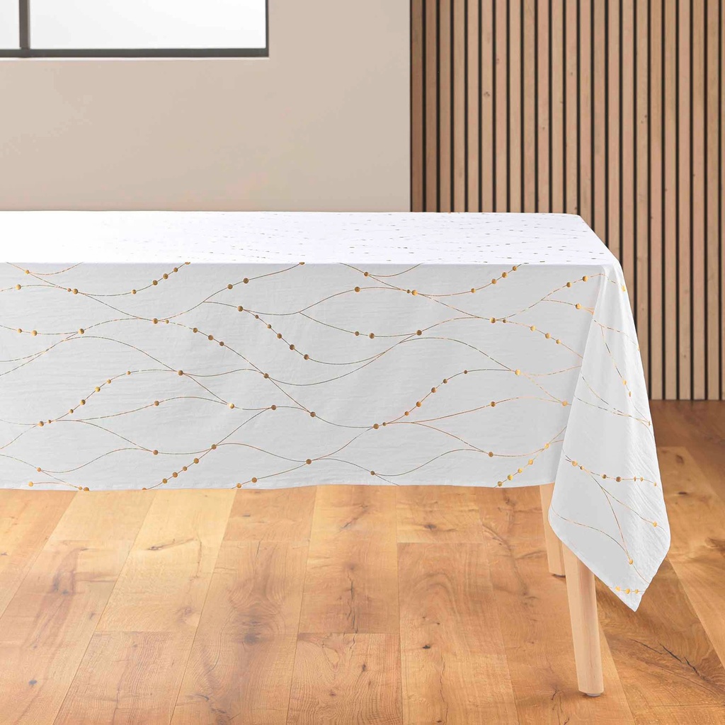Nappe rectangle 140 x 240 cm microfibre imprimee metallisee firmament blanc/or