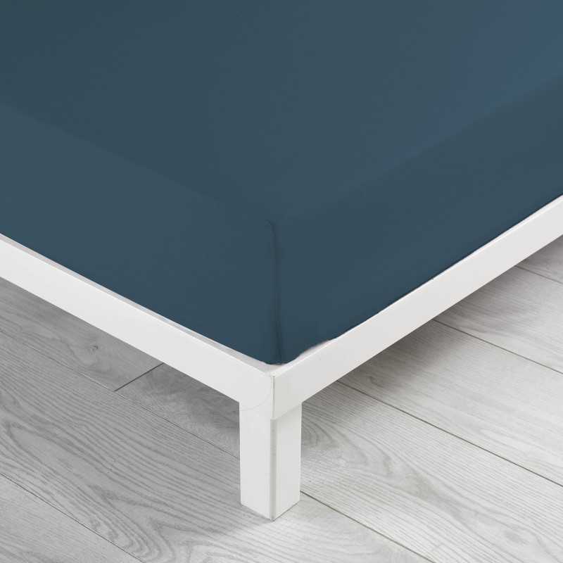 Drap housse 1 personne 90x190 cm uni 57 fils lina bleu nuit