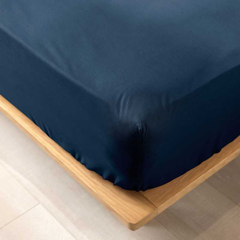 Drap housse 140 x 190 cm uni bio 57 fils gots biolina bleu nuit