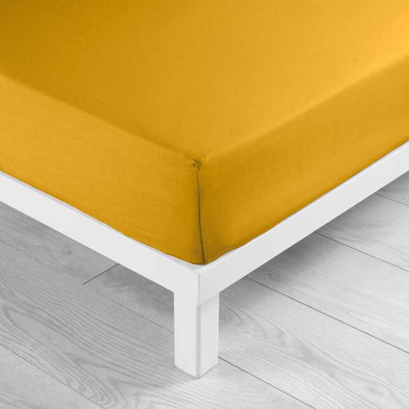 Drap housse 1 personne 90 x 190 cm uni 57 fils lina curry