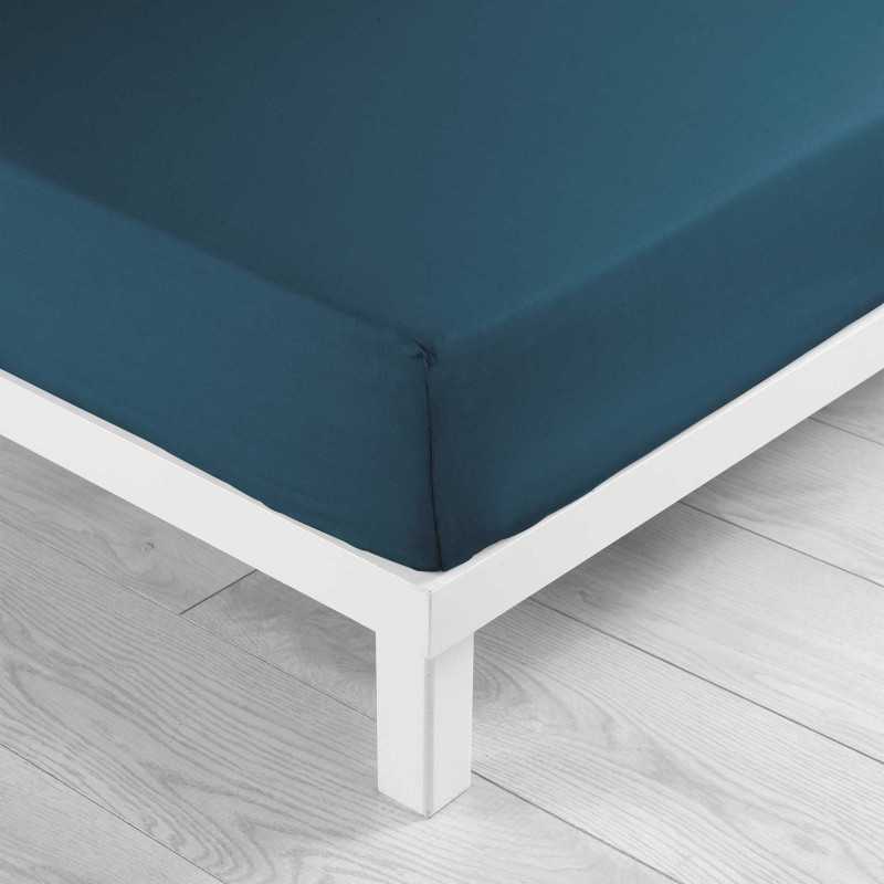 Drap housse 2 personnes 180 x 200 cm uni 57 fils lina bleu