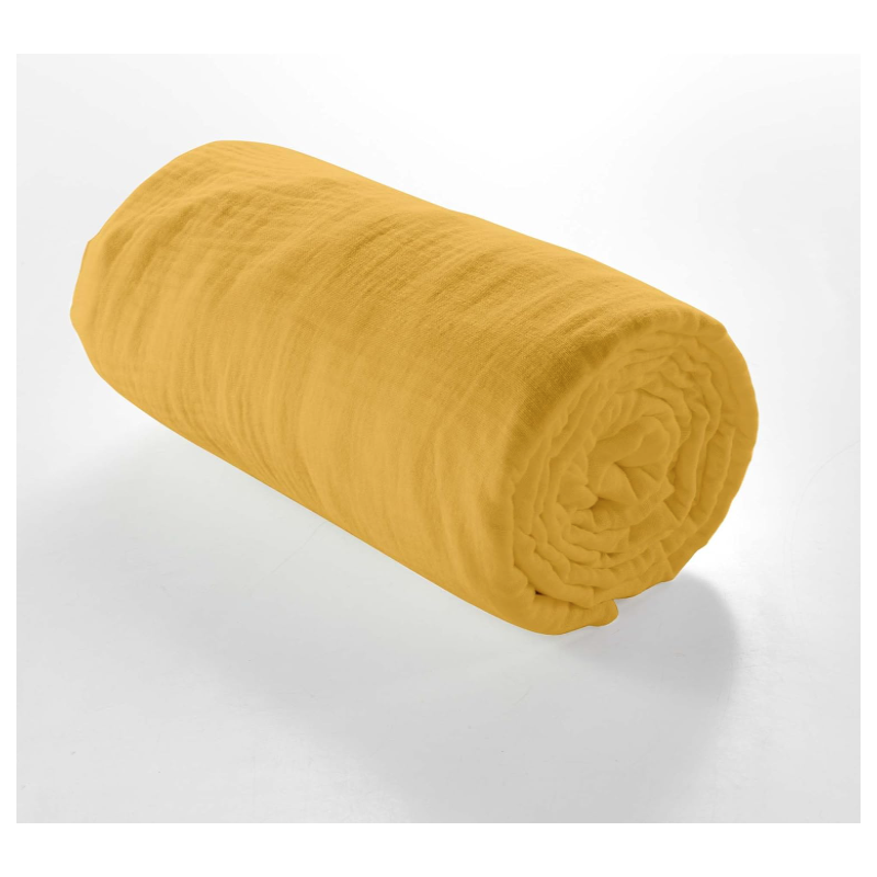 Drap housse 2 personnes 140 x 190 cm double gaze coton uni 57 fils angelia jaune