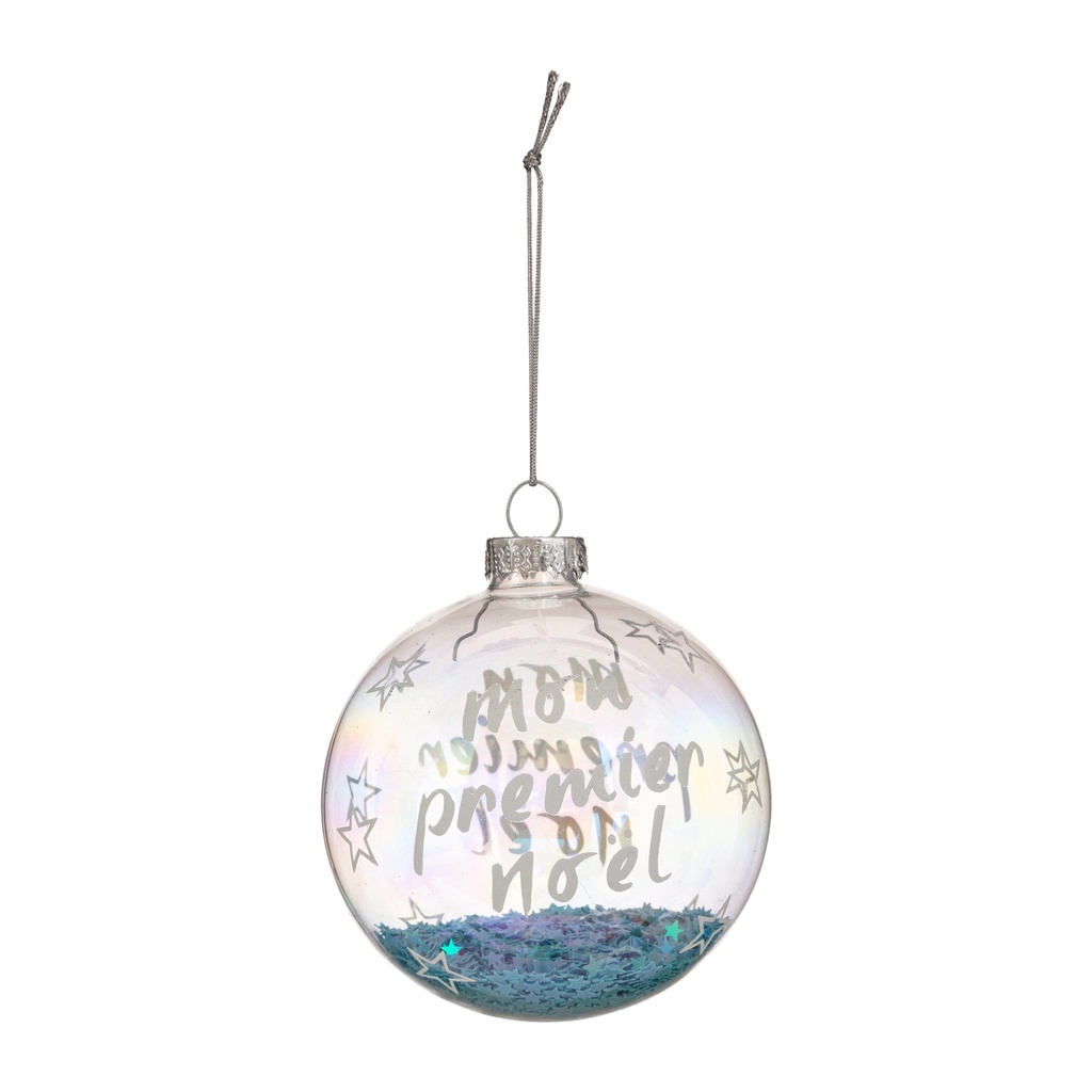 Boule de noel verre 80mm mpere noel  paillette bleu