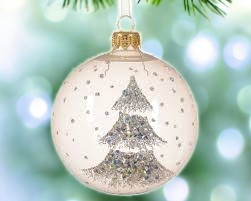 Boule de noël verre email sapin paillettes  coul. perle