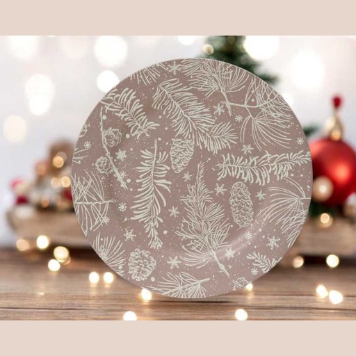 Assiette deco feuilles pomme de pin taupe