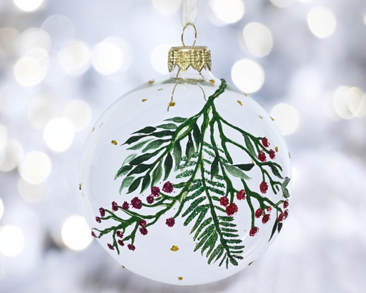 Boule verre transparent branche baies de haut en bas 