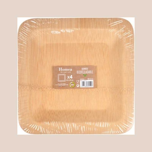 Set de 4 assiettes carrees en bambou 23cm