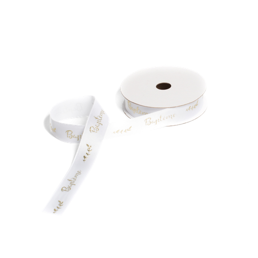 Ruban bapteme satin blanc et or 1.9cmx10m