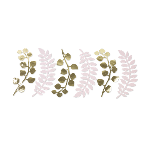 6 feuilles fougeres et eucalyptus rose poudre et or 30cm