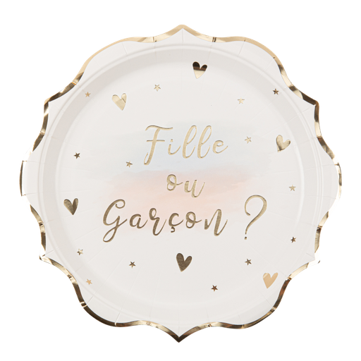 8 assiettes gender reveal "fille ou garcon ?" carton blanc rose bleu et or 23cm