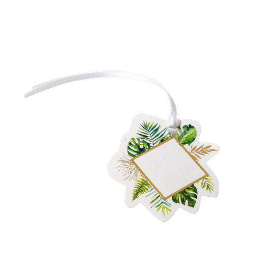 10 etiquettes tropical papier ivoire texture et or 5.5x6cm +ruban