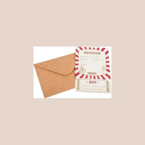 8 invitations circus vintage papier ivoire et rouge + 8 enveloppes kraft 10x15cm