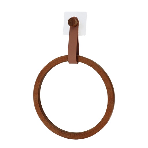 Porte serviettes arrondi bambou + laniere simili cuir sur sticker -  caramel/facon acacia