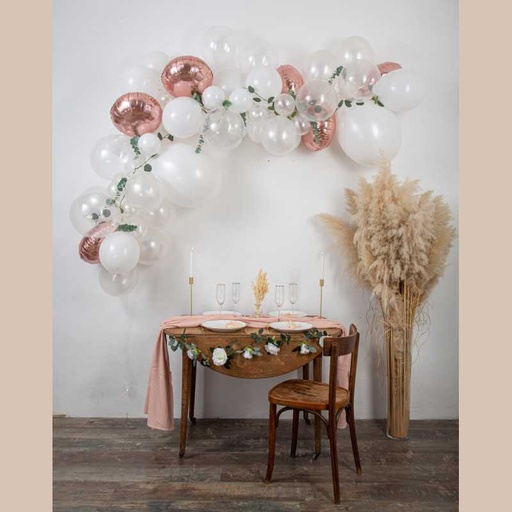 Kit arche de 70 ballons la reveuse blanc rose gold et eucalyptus