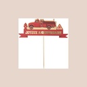 Cake topper "joyeux anniversaire" pompier papier kraft rouge or rv 20x8cm sur pic 16cm