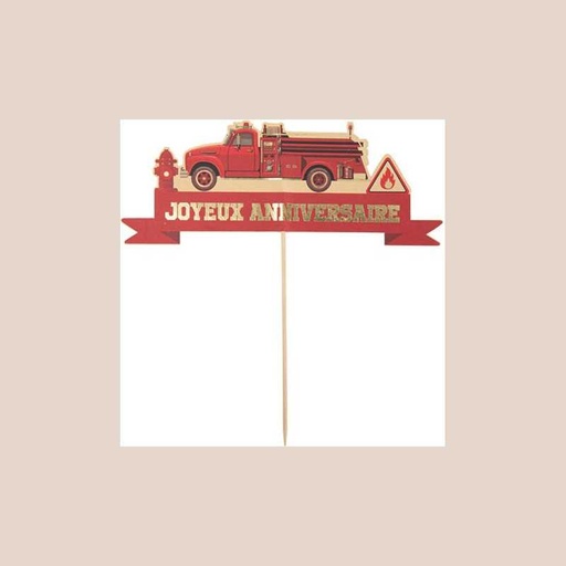 Cake topper "joyeux anniversaire" pompier papier kraft rouge or rv 20x8cm sur pic 16cm