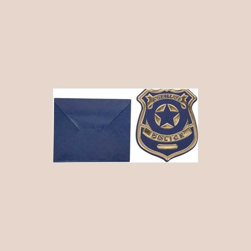 8 invitations badge de police papier marine embossé or 10,5x12cm + 8 enveloppes marine