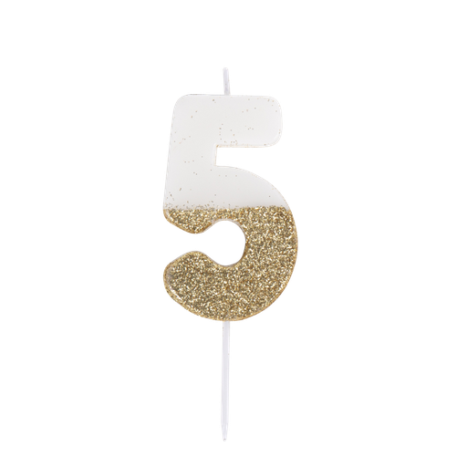 Bougie chiffre 5 blanche paillettes or 7cm sur pic