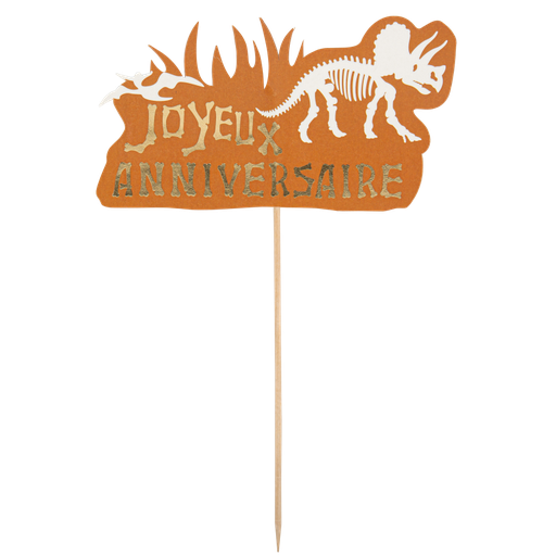 Cake topper dinosaure joyeux anniv. camel blanc or 16x8.7cm sur pic 15cm recto verso