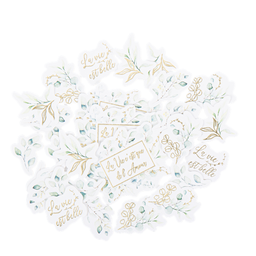 100 confettis sauge green blancs, vert sauge et or de 2 à 5 cm