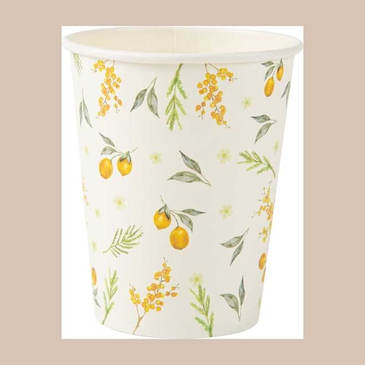 8 gobelets mimosa citrons carton et feuillages 255ml