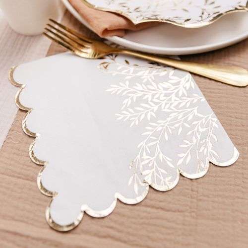16 Serviettes Jolis Brins Papier Blanc et Or 33x33cm - 3 Plis