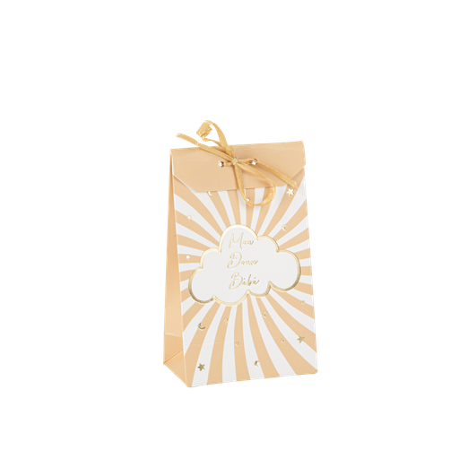 10 sachets "mon doux bébé" baby nude camel, blanc et or 7,5 x 12,5 cm avec ruban satin camel