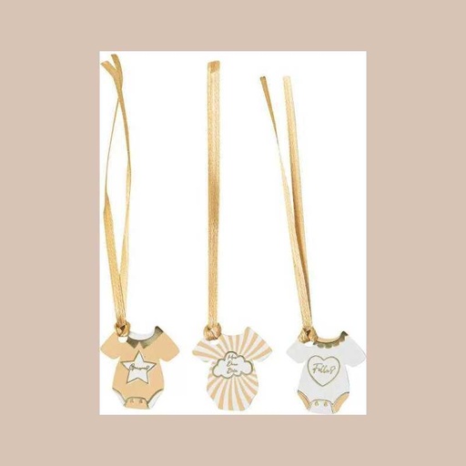 10 etiquettes body baby nude camel, blanc et or 3 x 3,2 cm avec ruban satin camel