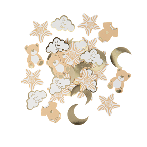 100 confettis "mon doux bébé" baby nude camel, blanc et or de 3 à 4 cm