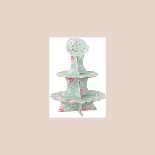 Présentoir happy birthday spring carton vert sauge rose et or 365cm 2 étages