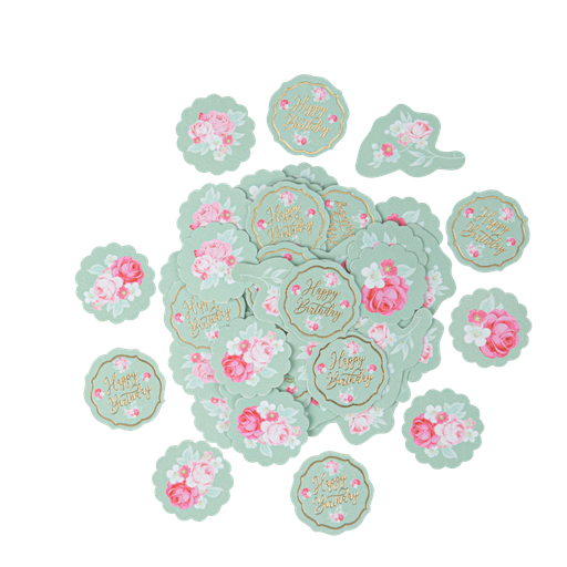 100 confettis happy birthday spring vert sauge, rose et or de 3 a 3,5 cm